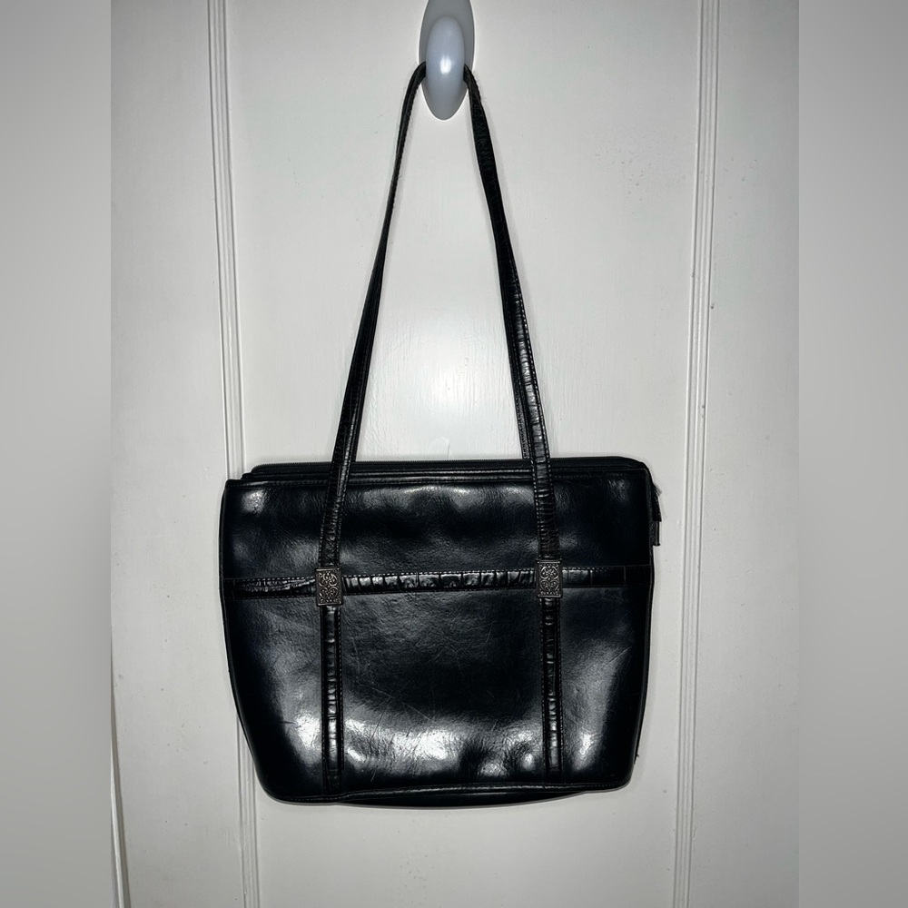 Vintage Brighton Black Structured Leather Shoulder Bag Reptile Print Trim